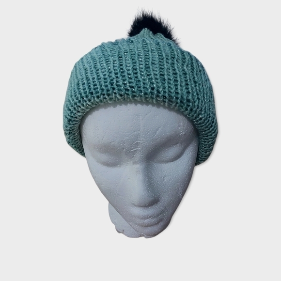 Hand Knit Green Beanie with Faux Fur Pompom - Picture 6 of 6